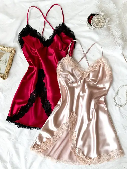 2 Pcs Solid Satin Lace Trim Nightgown